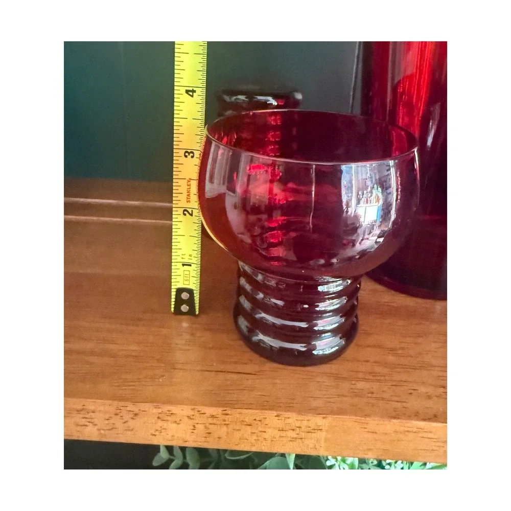 Vintage Art Deco Ruby Red Glass Cocktail Shaker Set‎ with 4 Ribbed Glasses 5pc